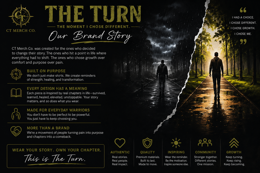 A digital graphic template titled 'THE TURN' by CT Merch Co., depicting a dramatic split scene of a dark, foggy forest path on the left and a glowing, hopeful forest path on the right, with text detailing a brand story and various quality icons at the bottom.
