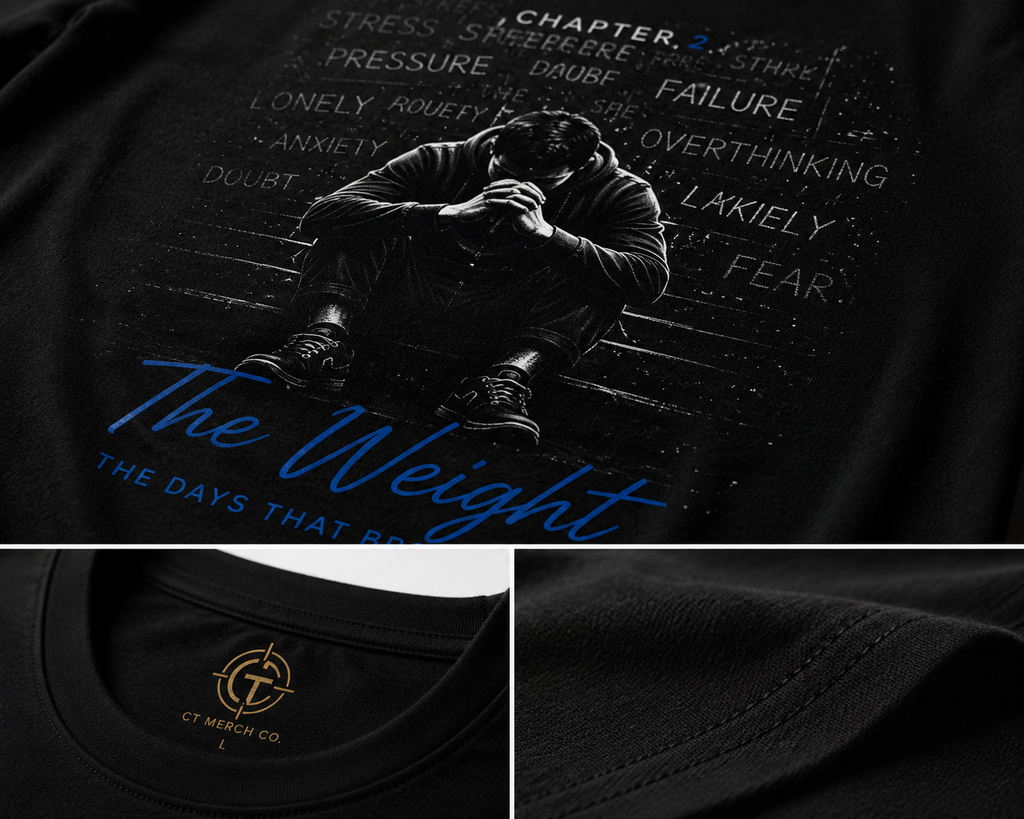 Close-up of the CT Merch Co The Weight Chapter 2 graphic T-shirt showing premium print quality, soft fabric texture, collar detail, and reinforced stitching.