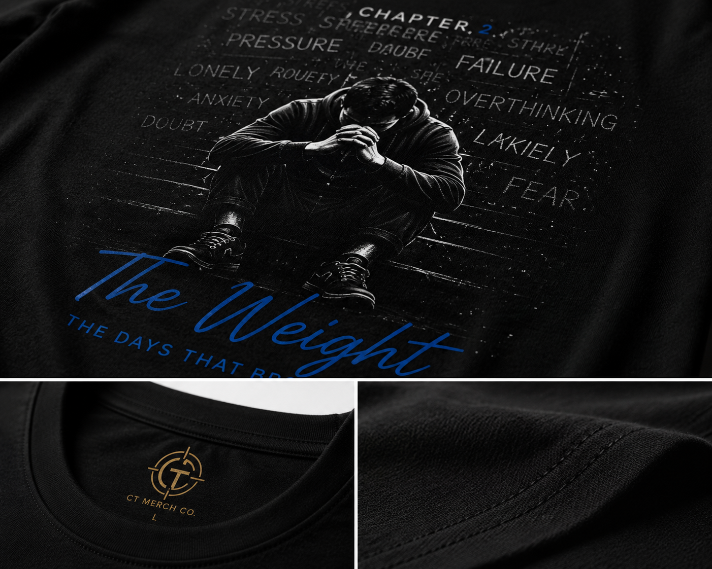 Close-up of the CT Merch Co The Weight Chapter 2 graphic T-shirt showing premium print quality, soft fabric texture, collar detail, and reinforced stitching.