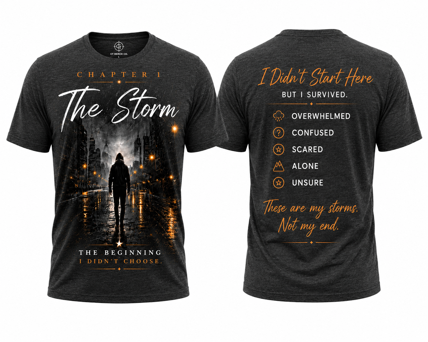 Front and back views of a dark heather gray graphic t-shirt. The front features a dramatic city street scene at night with a lone figure walking under streetlights, with the text 'CHAPTER 1 The Storm' and 'THE BEGINNING I DIDN'T CHOOSE'.