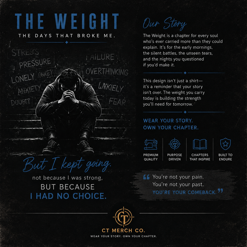 A dark promotional graphic for a T-shirt design featuring the text 'THE WEIGHT' and 'But I kept going, not because I was strong, but because I had no choice.' with a seated person in the center, plus 'Our Story' copy and CT Merch Co branding at the bottom.
