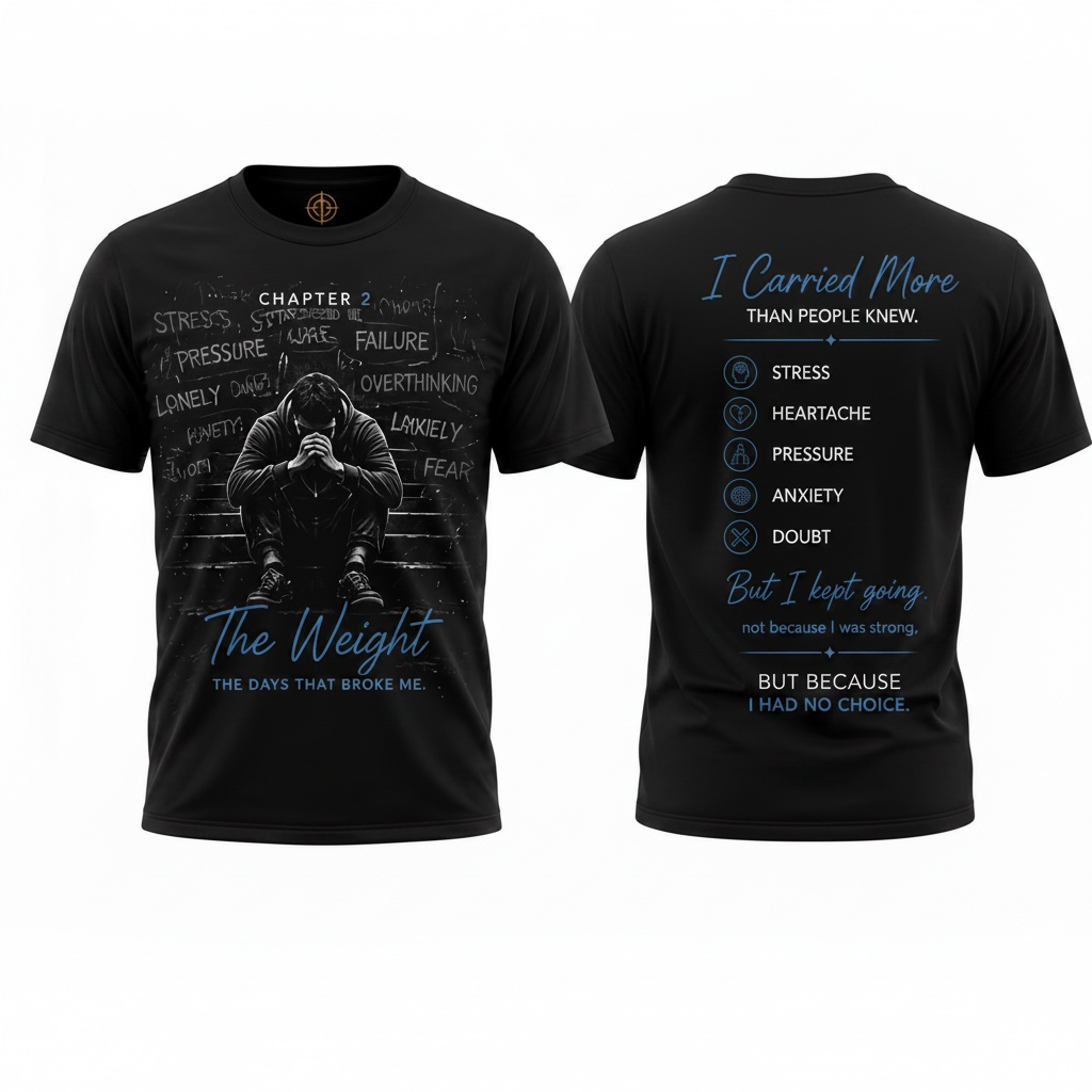 Black short-sleeve graphic T-shirt shown from the front and back on a plain white background. The front features a dark grayscale illustration of a person sitting on steps with text including 'CHAPTER 2' and 'The Weight'.