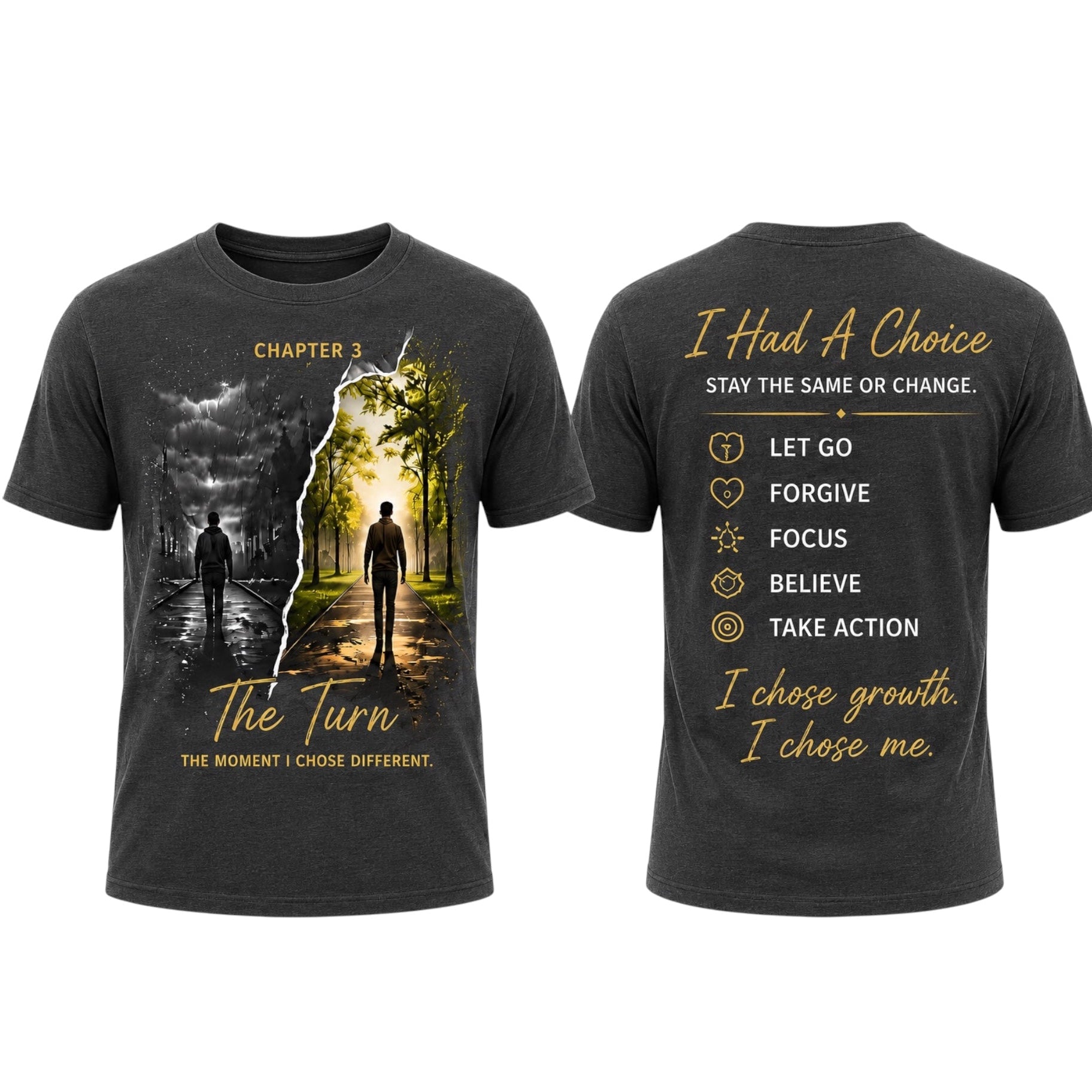 A dark charcoal gray graphic t-shirt shown from both the front and back. The front features a split design with a dark stormy landscape on the left and a bright sunlit path with two silhouetted figures on the right, captioned 'CHAPTER 3 The Turn'.