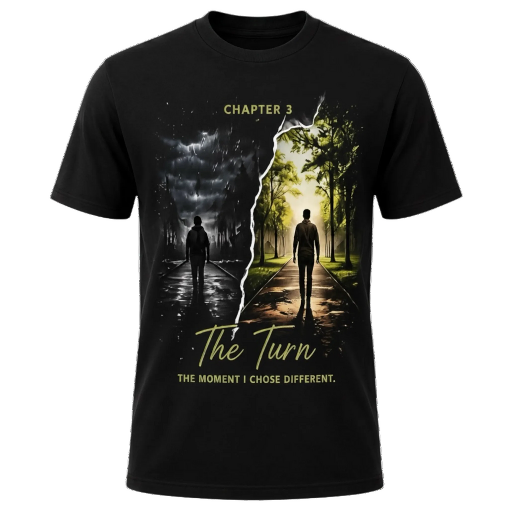 A black short-sleeve graphic t-shirt featuring a split design on the front. The left side shows a dark, rainy street scene with a silhouette under a stormy sky, and the right side shows a bright, sunlit tree-lined path with a silhouette walking toward the light.