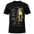 A black short-sleeve graphic t-shirt featuring a split design on the front. The left side shows a dark, rainy street scene with a silhouette under a stormy sky, and the right side shows a bright, sunlit tree-lined path with a silhouette walking toward the light.
