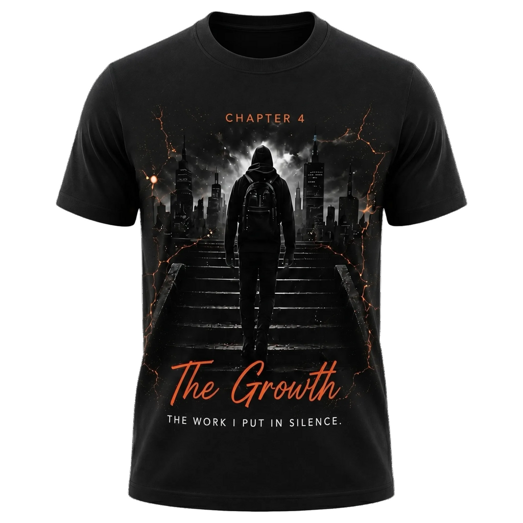 A black short-sleeve graphic t-shirt featuring a dark, dramatic design of a figure walking up stairs toward a city skyline, with orange lightning accents and text reading 'CHAPTER 4', 'The Growth', and 'THE WORK I PUT IN SILENCE.'.