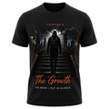 A black short-sleeve graphic t-shirt featuring a dark, dramatic design of a figure walking up stairs toward a city skyline, with orange lightning accents and text reading 'CHAPTER 4', 'The Growth', and 'THE WORK I PUT IN SILENCE.'.
