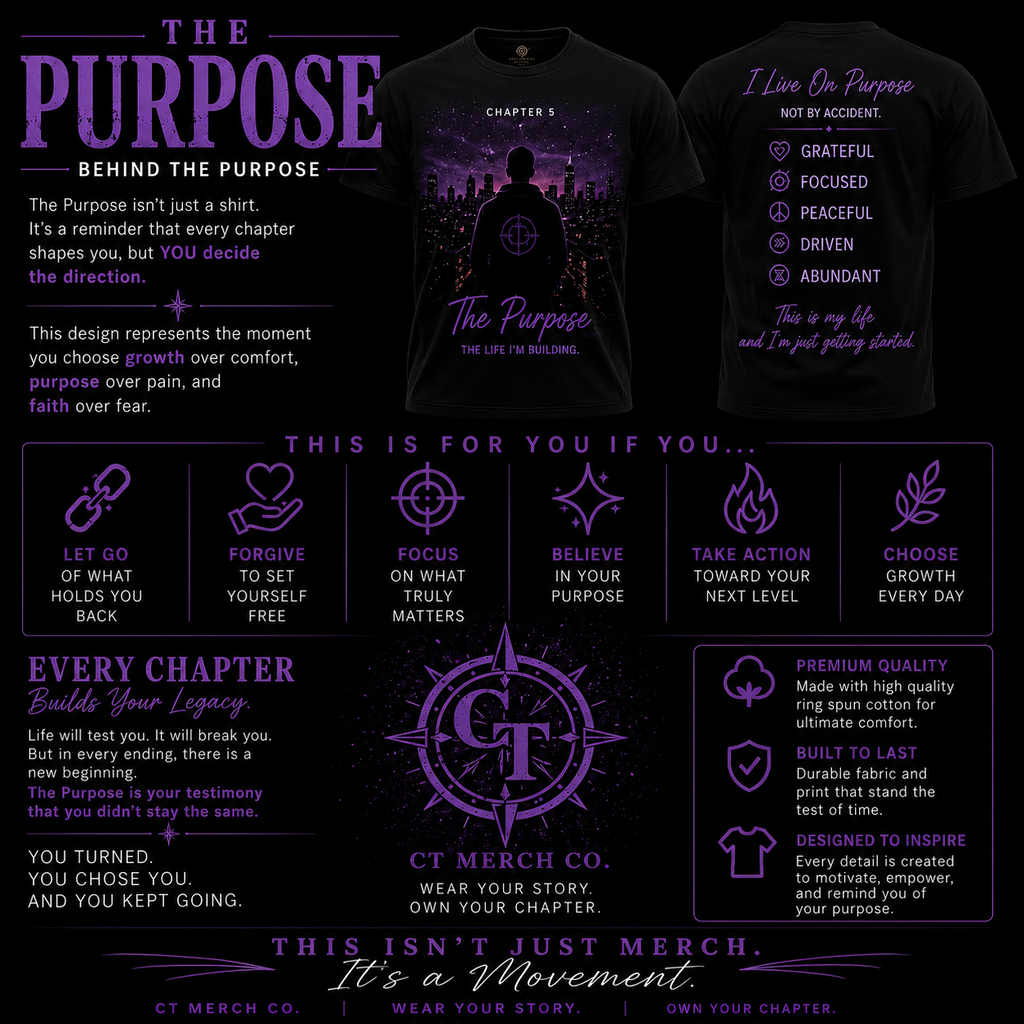 CT Merch Co brand mission graphic highlighting the Chapter Collection, core values, premium quality, purpose-driven apparel, and the message “This Isn’t Just Merch. It’s a Movement. Wear Your Story. Own Your Chapter.”