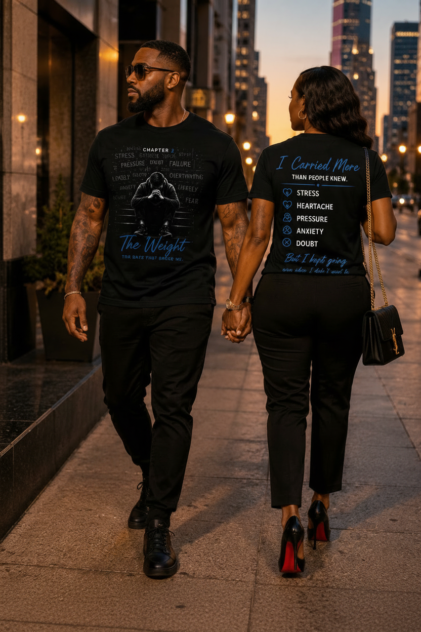 Couple wearing CT Merch Co The Weight Chapter 2 black graphic T-shirts featuring the front and back designs while walking together in a premium downtown city setting.