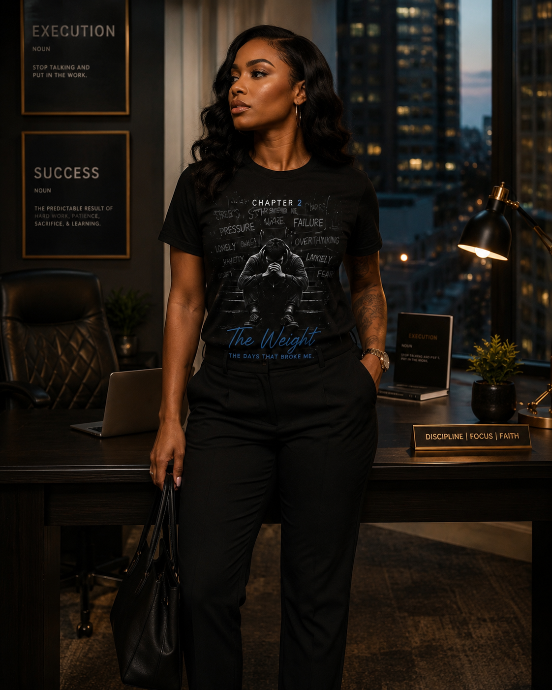 Professional woman wearing the CT Merch Co The Weight Chapter 2 black graphic T-shirt in a modern executive office, premium inspirational streetwear for men and women.