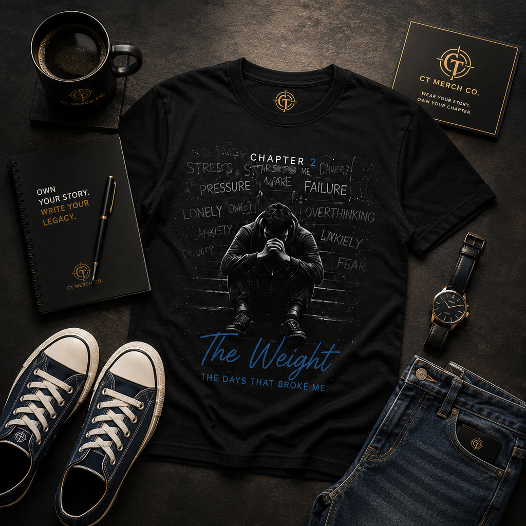 Flat lay of the CT Merch Co The Weight Chapter 2 black graphic T-shirt with blue canvas sneakers, premium watch, coffee, notebook, and denim jeans.