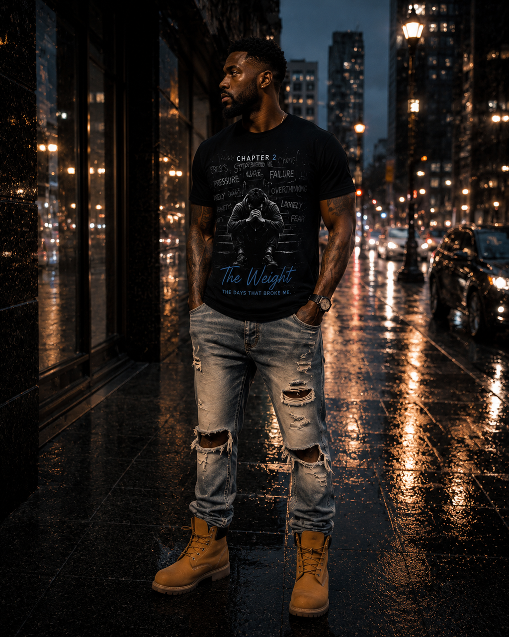 CT Merch Co The Weight Chapter 2 black graphic T-shirt worn by male model with ripped light wash jeans and tan boots in an urban city setting.