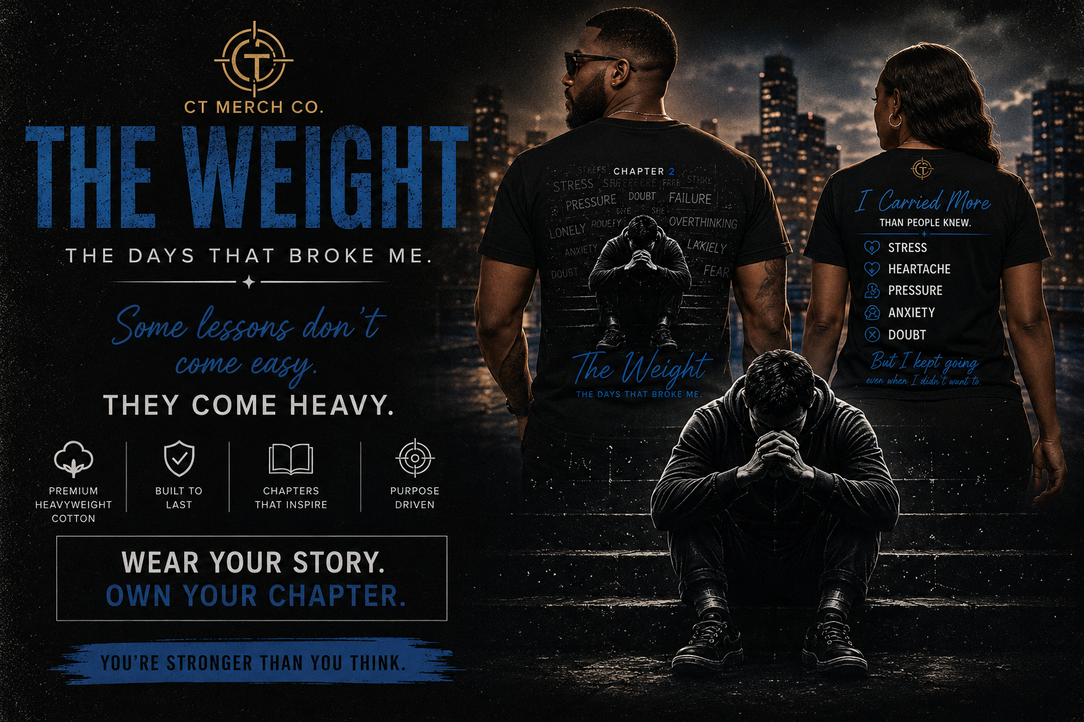 Lifestyle promotional image for The Weight – Chapter 2 graphic T-shirt by CT Merch Co featuring front and back views on male and female models, motivational message, premium heavyweight cotton, and “Wear Your Story. Own Your Chapter.” branding.