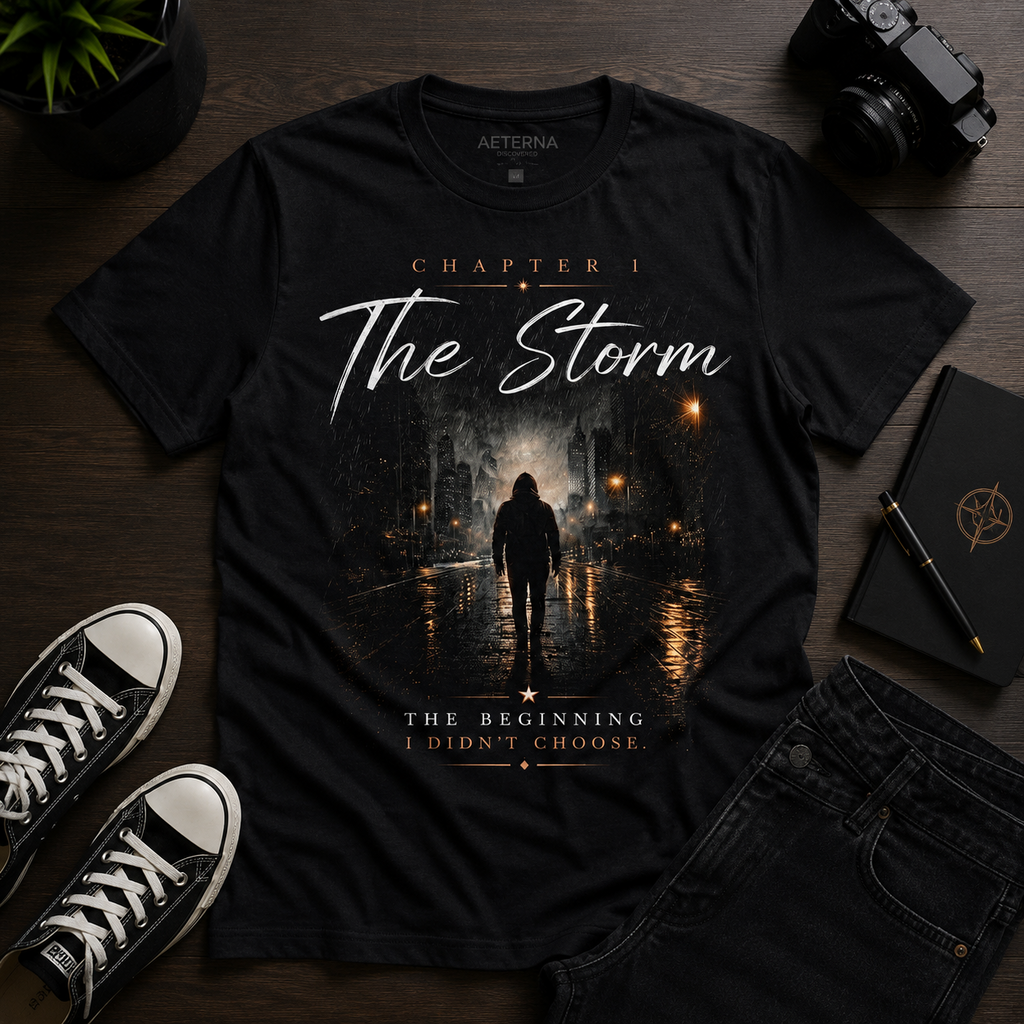 Flat lay of the CT Merch Co Chapter 1 “The Storm” graphic T-shirt styled with black jeans, black canvas sneakers, a notebook, and pen, showcasing the premium front design.