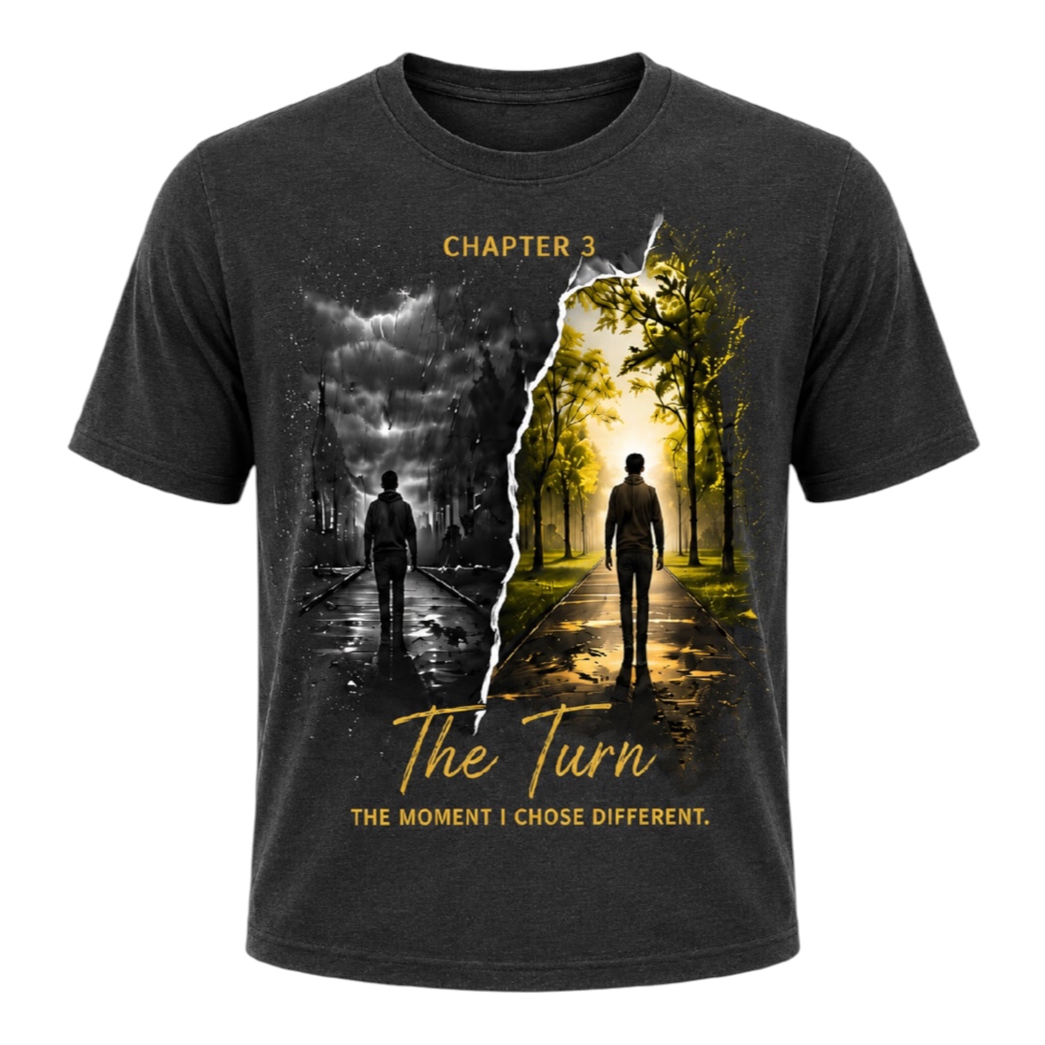 Front view of the CT Merch Co Chapter 3 "The Turn" charcoal graphic T-shirt featuring a split-path artwork transitioning from a dark storm to a bright future with the inspirational message "The Moment I Chose Different," symbolizing growth, healing, and choosing a new direction.