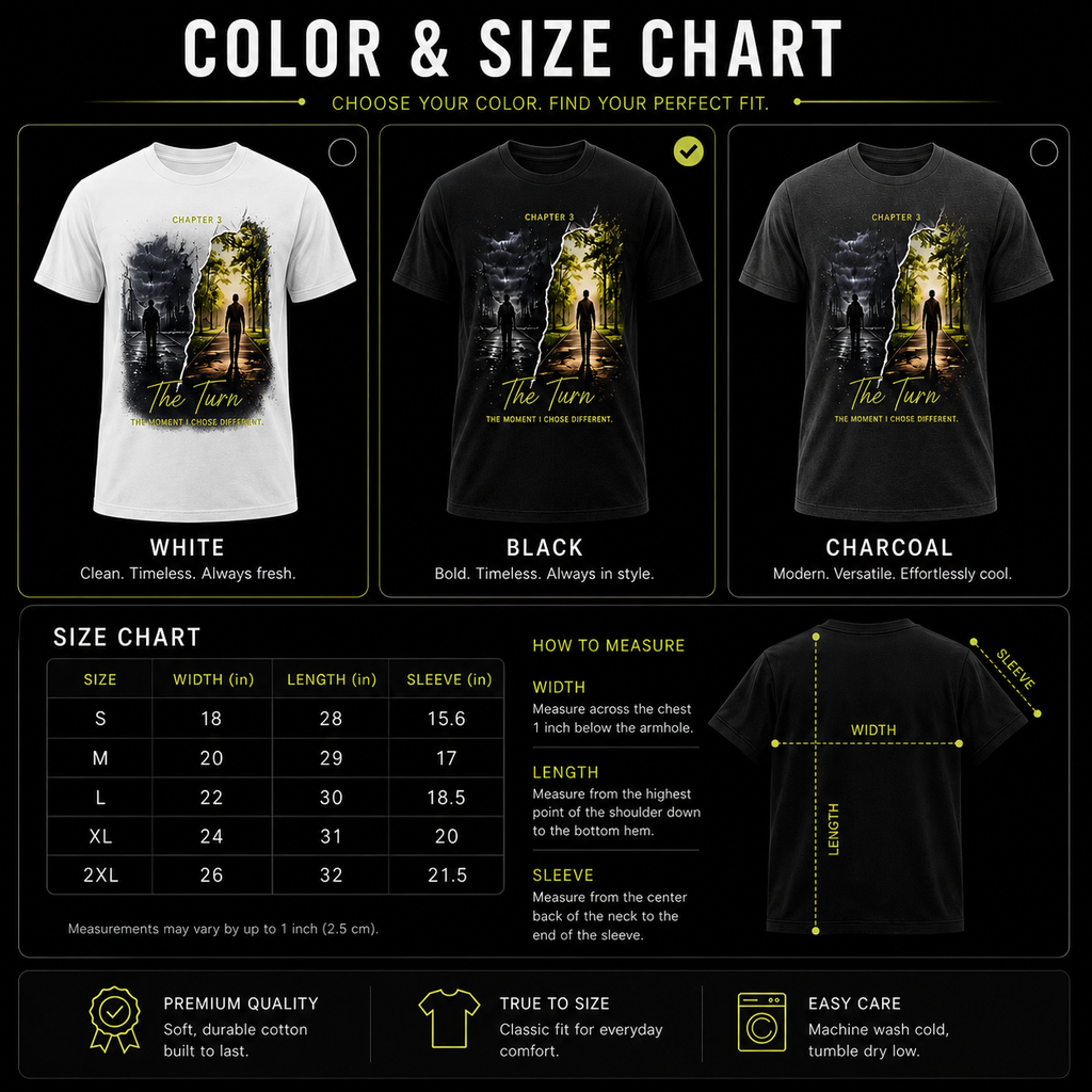 CT Merch Co Chapter 3 "The Turn" color and size chart featuring White, Black, and Charcoal T-shirt options, a detailed size chart from Small to 2XL, measuring guide, and premium product features including soft durable cotton, true-to-size fit, and easy-care instructions.