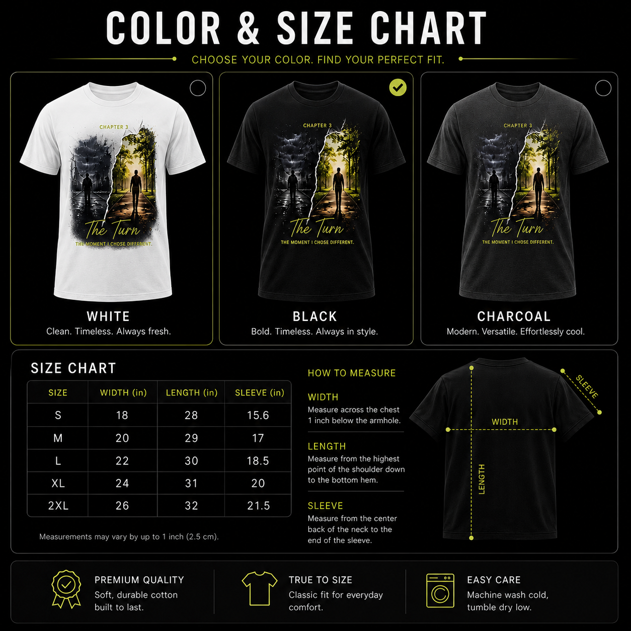 CT Merch Co Chapter 3 "The Turn" color and size chart featuring White, Black, and Charcoal T-shirt options, a detailed size chart from Small to 2XL, measuring guide, and premium product features including soft durable cotton, true-to-size fit, and easy-care instructions.