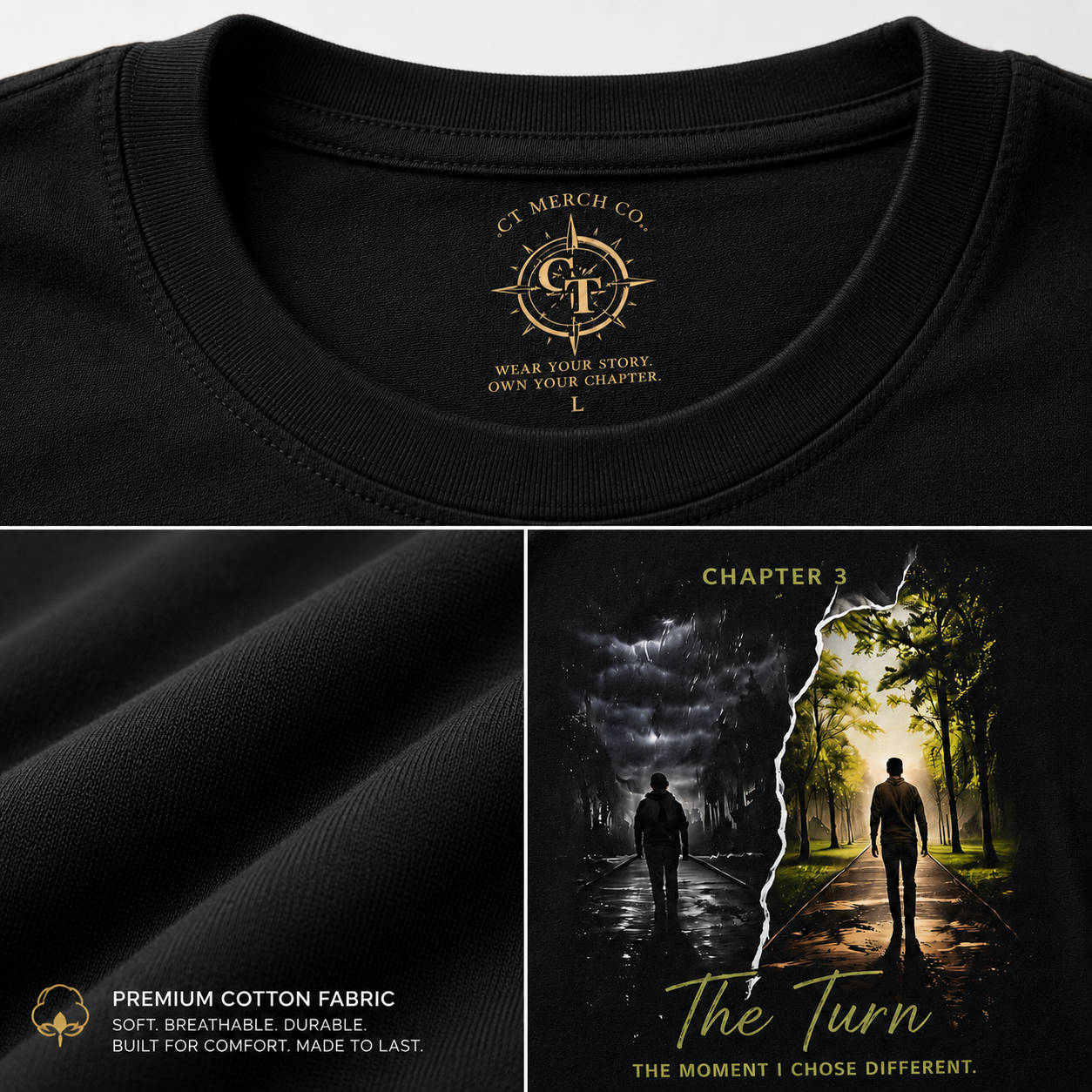 Close-up of the CT Merch Co Chapter 3 "The Turn" premium black T-shirt featuring the branded neck label, soft cotton fabric texture, and detailed front artwork, highlighting premium craftsmanship, comfort, durability, and high-quality printing.
