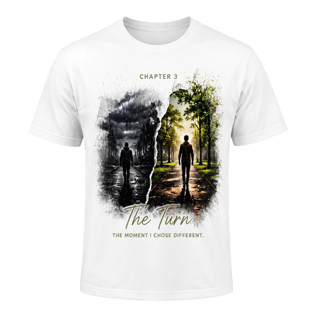 Front view of the CT Merch Co Chapter 3 “The Turn” graphic T-shirt in white, featuring a split-path design that transitions from a dark storm to a bright forest with the message, “The Moment I Chose Different.