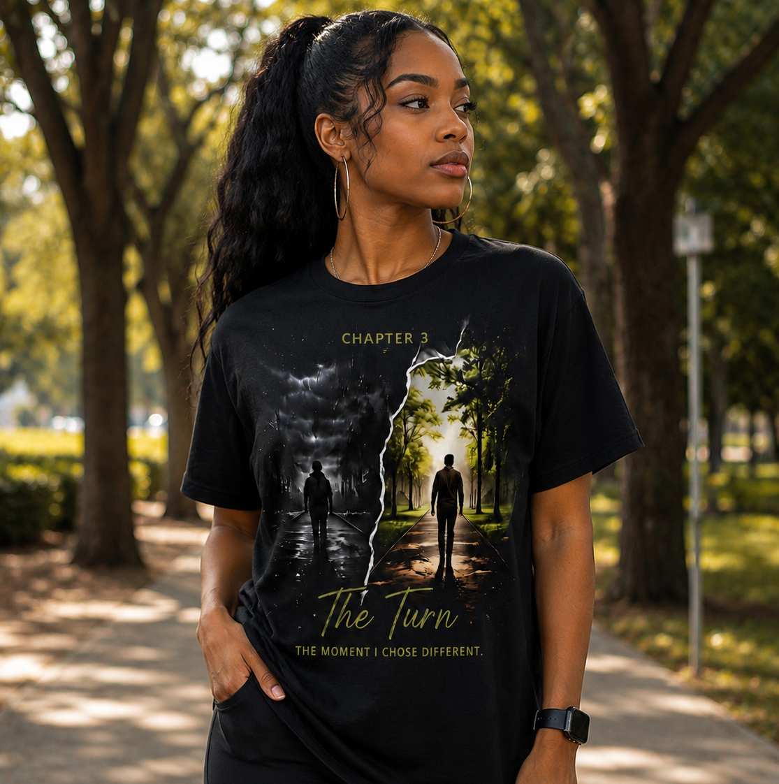 Lifestyle photo of a woman wearing the CT Merch Co Chapter 3 "The Turn" black graphic T-shirt outdoors in a park. The front design symbolizes choosing growth over adversity with a split dark-to-light pathway, representing personal transformation, resilience, and new beginnings.