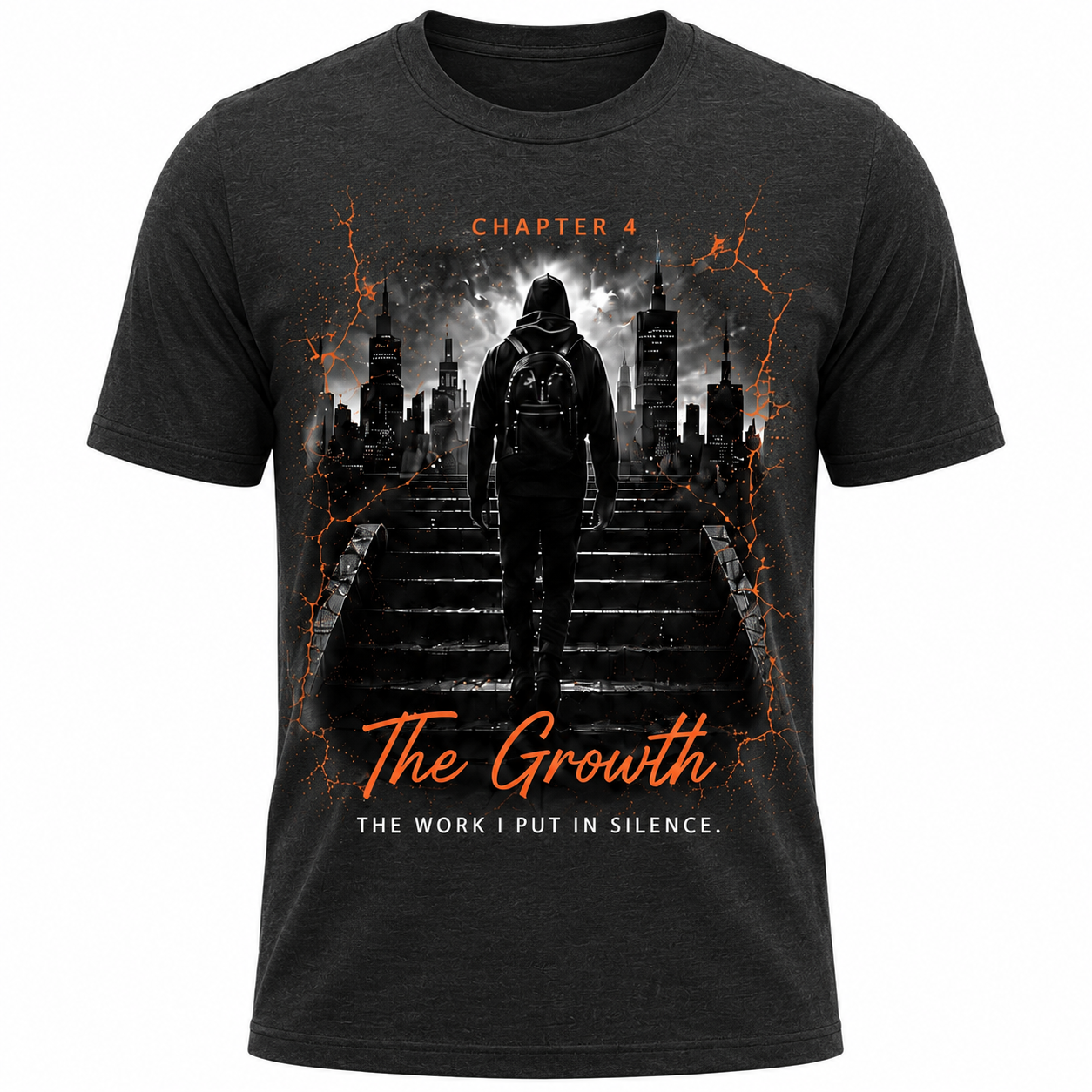 CT Merch Co Chapter 4 "The Growth" charcoal graphic T-shirt featuring a hooded figure walking toward a city skyline with orange lightning accents and the quote "The Work I Put in Silence."