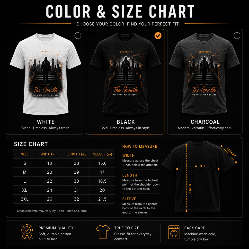 CT Merch Co Chapter 4 "The Growth" color and size chart featuring black, charcoal, and white T-shirts with sizing from S to 2XL, measurement guide, premium cotton fabric details, and care instructions.