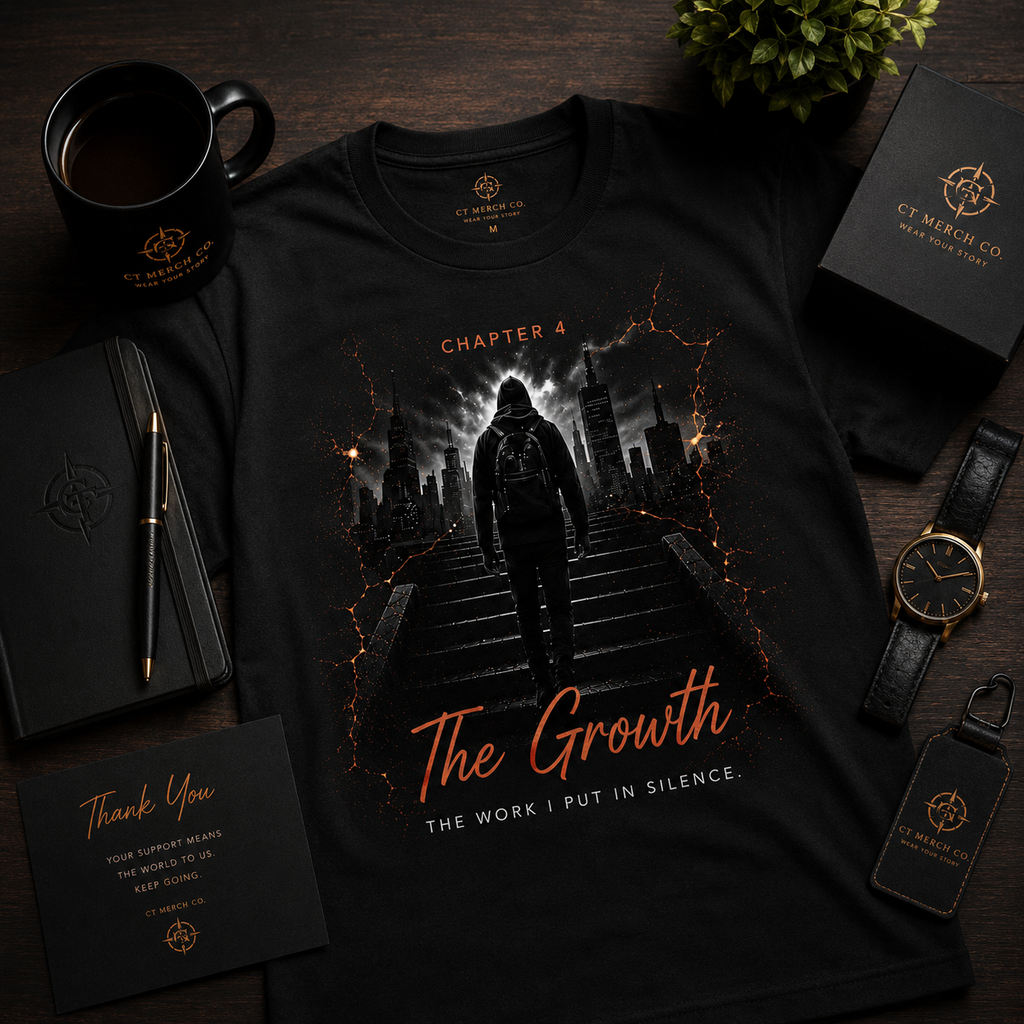 Flat lay of the CT Merch Co Chapter 4 "The Growth" black graphic T-shirt with premium accessories including a coffee mug, notebook, watch, pen, plant, and CT Merch Co branding, showcasing a luxury lifestyle presentation.