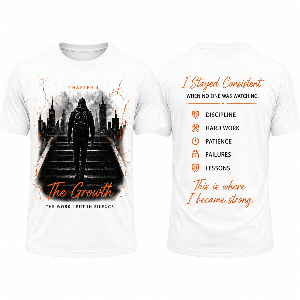 CT Merch Co Chapter 4 "The Growth" white graphic T-shirt shown from the front and back featuring a hooded figure walking toward a city skyline, the quote "The Work I Put in Silence," and an inspirational back design about discipline, hard work, patience, failures, and lessons.