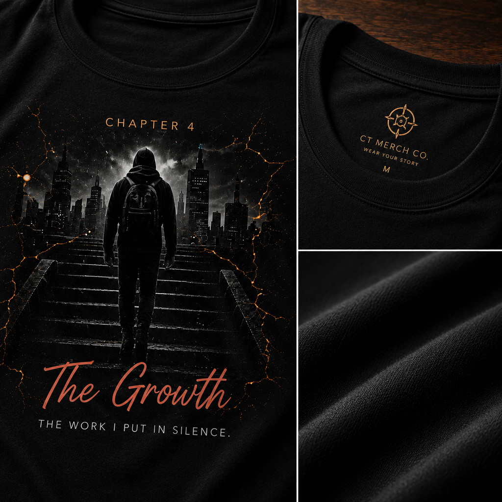 Close-up product detail of the CT Merch Co Chapter 4 "The Growth" black graphic T-shirt featuring the front artwork, premium cotton fabric texture, and branded collar label.