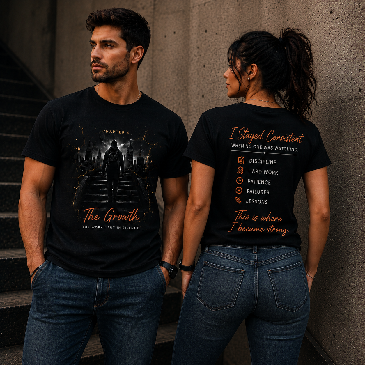 Male and female models wearing the CT Merch Co Chapter 4 "The Growth" black graphic T-shirts in a modern urban setting. The male model displays the front design featuring a hooded figure climbing stairs toward a city skyline with orange lightning accents and the quote "The Work I Put in Silence." The female model displays the back design with the message "I Stayed Consistent When No One Was Watching" and the words Discipline, Hard Work, Patience, Failures, and Lessons.
