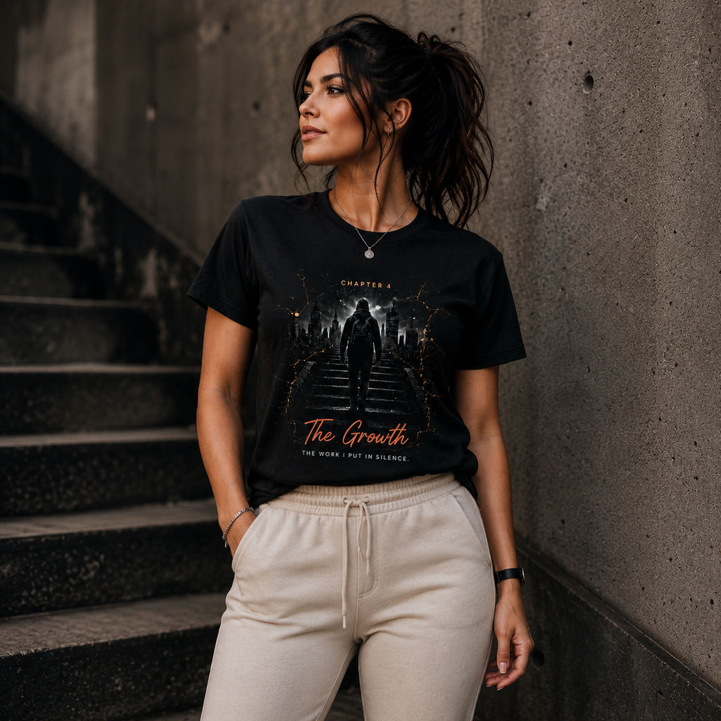 Female model wearing the CT Merch Co Chapter 4 "The Growth" black graphic T-shirt while standing near concrete stairs in a modern urban setting. The shirt features a hooded figure climbing stairs toward a city skyline with orange lightning accents and the quote "The Work I Put in Silence."