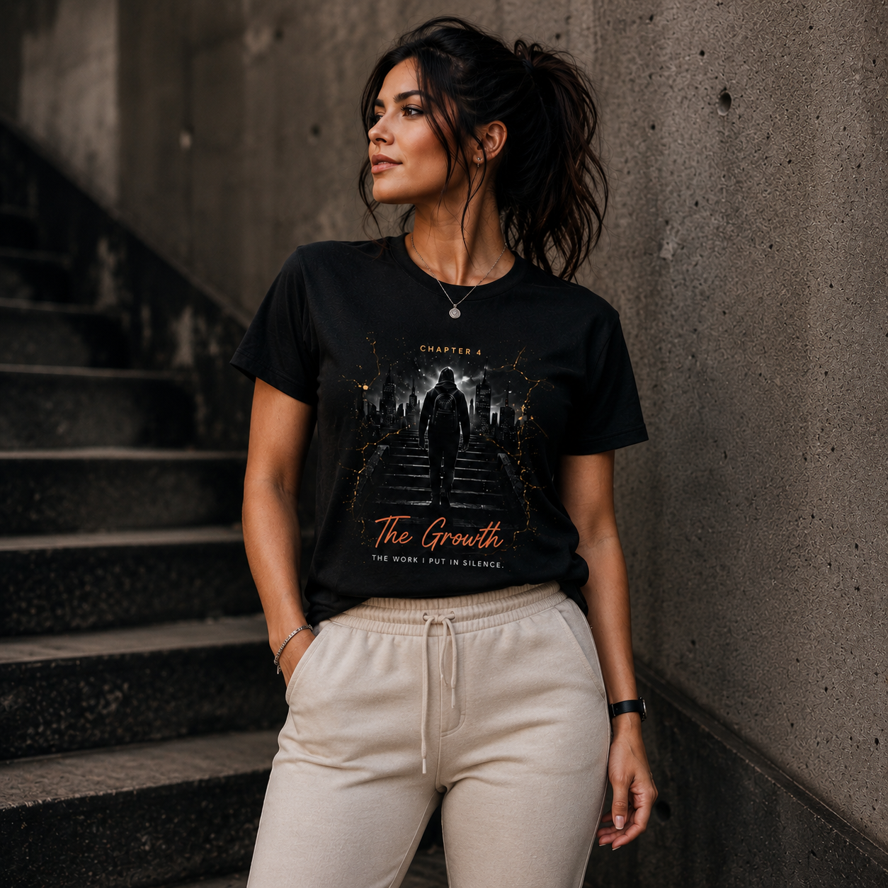 Female model wearing the CT Merch Co Chapter 4 "The Growth" black graphic T-shirt while standing near concrete stairs in a modern urban setting. The shirt features a hooded figure climbing stairs toward a city skyline with orange lightning accents and the quote "The Work I Put in Silence."