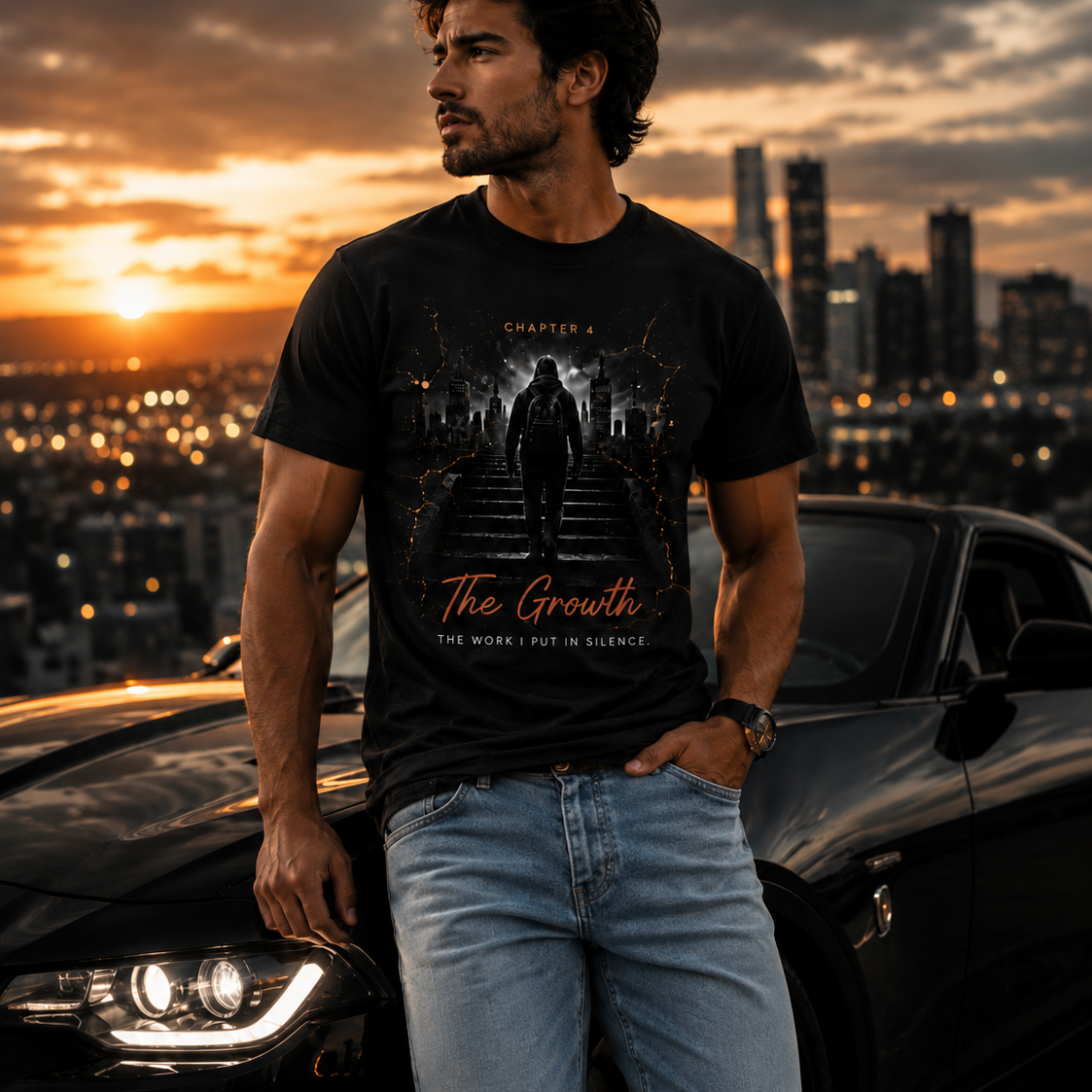 Male model wearing the CT Merch Co Chapter 4 "The Growth" black graphic T-shirt while leaning against a black sports car at sunset. The shirt features a hooded figure climbing stairs toward a city skyline with orange lightning accents and the quote "The Work I Put in Silence."