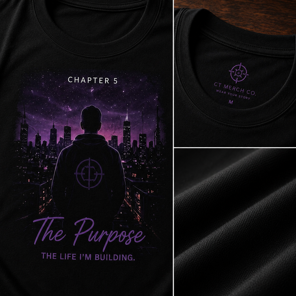Close-up collage of the CT Merch Co Chapter 5 The Purpose black graphic T-shirt showing the front artwork with a purple city skyline and hooded figure, custom CT neck label, and premium soft cotton fabric texture.