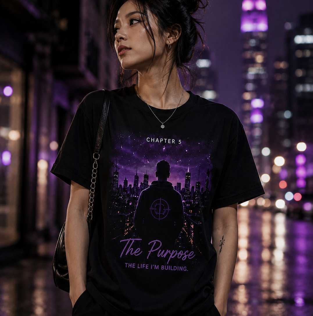 Woman wearing the CT Merch Co Chapter 5 The Purpose black graphic T-shirt featuring a purple city skyline, hooded figure, and inspirational message, photographed in a modern nighttime city with purple lights.