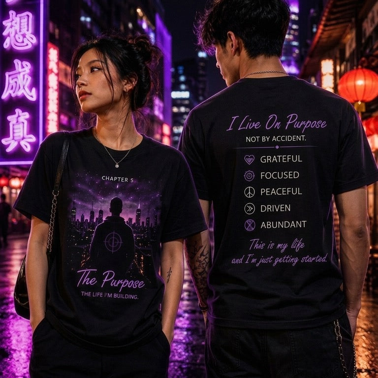 Front and back view of the CT Merch Co Chapter 5 The Purpose black graphic T-shirt worn by two models in a nighttime city setting, featuring a purple skyline, hooded figure, inspirational back design, and motivational messages about purpose, focus, peace, and abundance.