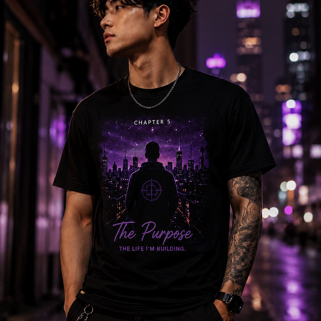 Male model wearing the CT Merch Co Chapter 5 The Purpose black graphic T-shirt featuring a purple city skyline, hooded figure, and motivational quote in a modern nighttime urban setting.