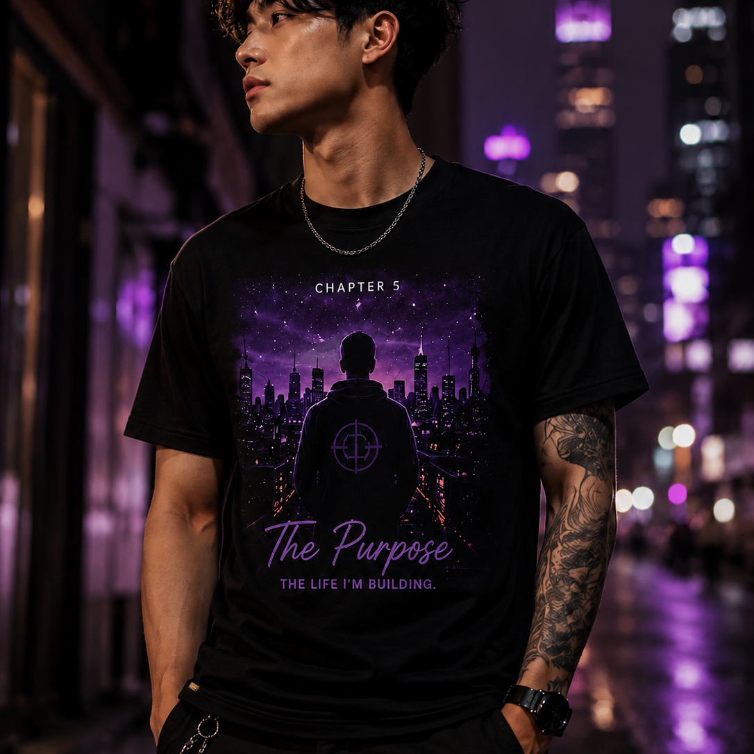 Male model wearing the CT Merch Co Chapter 5 The Purpose black graphic T-shirt featuring a purple city skyline, hooded figure, and motivational quote in a modern nighttime urban setting.