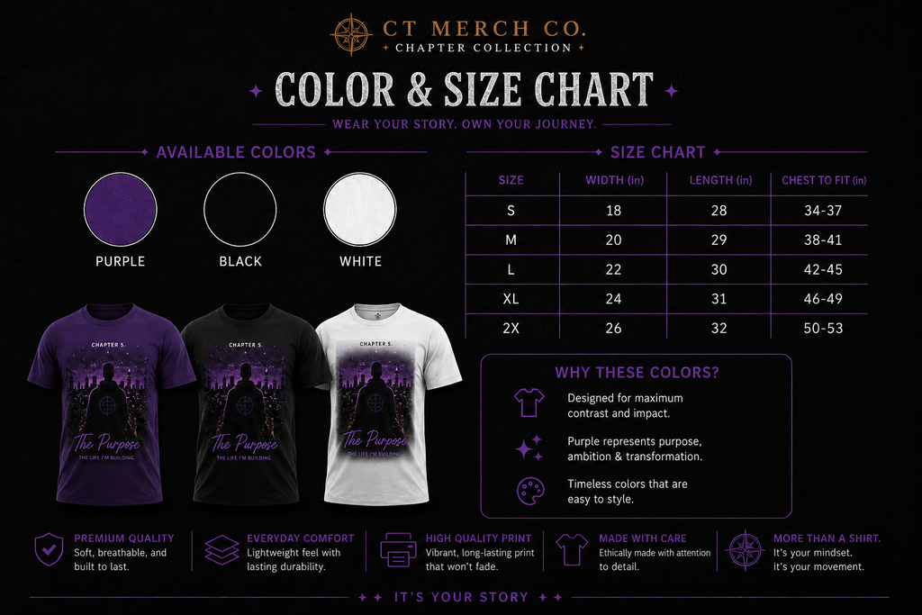 CT Merch Co Chapter 5 The Purpose color and size chart featuring black, white, and purple T-shirt color options, adult sizes S through 2XL, premium cotton features, and product details for fit, comfort, and durability.