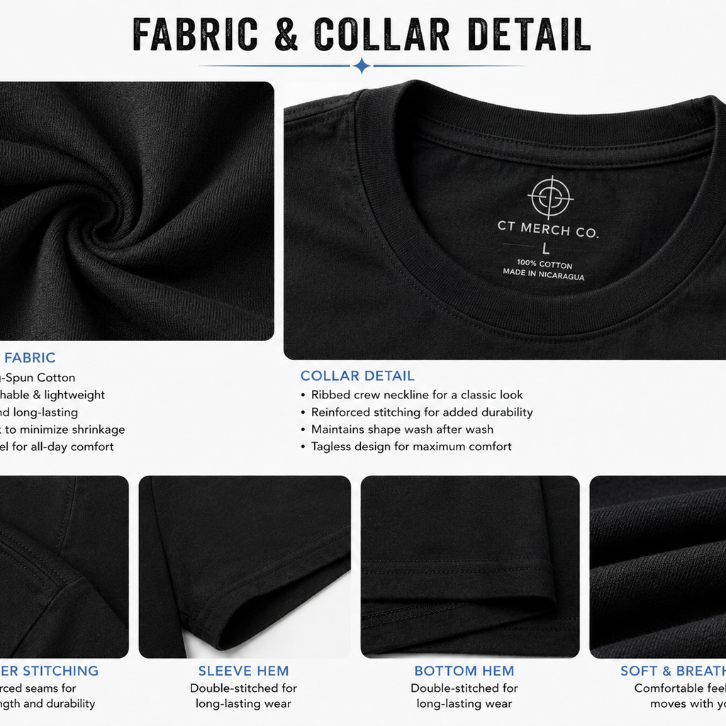 Close-up infographic showcasing the premium fabric details of a CT Merch Co black T-shirt, highlighting 100% ring-spun cotton, ribbed crew neck, reinforced shoulder seams, double-stitched sleeves and hem, soft breathable fabric, and durable construction for lasting comfort and everyday wear.