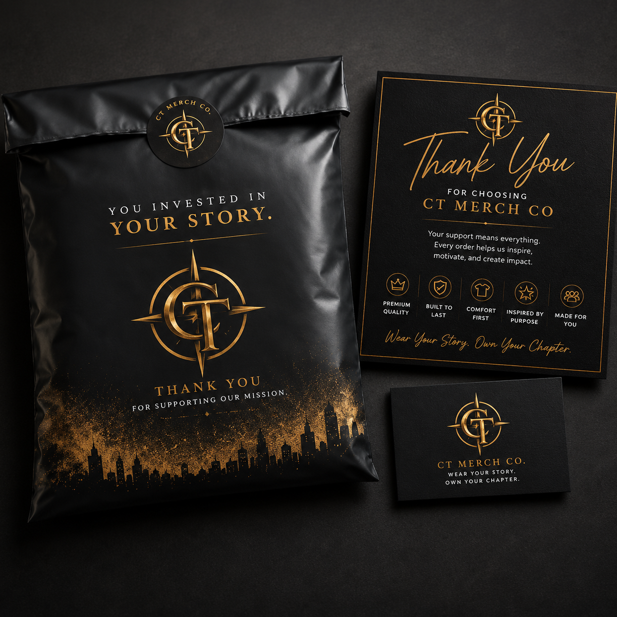 Premium CT Merch Co branded packaging featuring a black mailing bag with gold logo, thank you card, branded business card, and luxury unboxing materials designed to create a memorable customer experience.