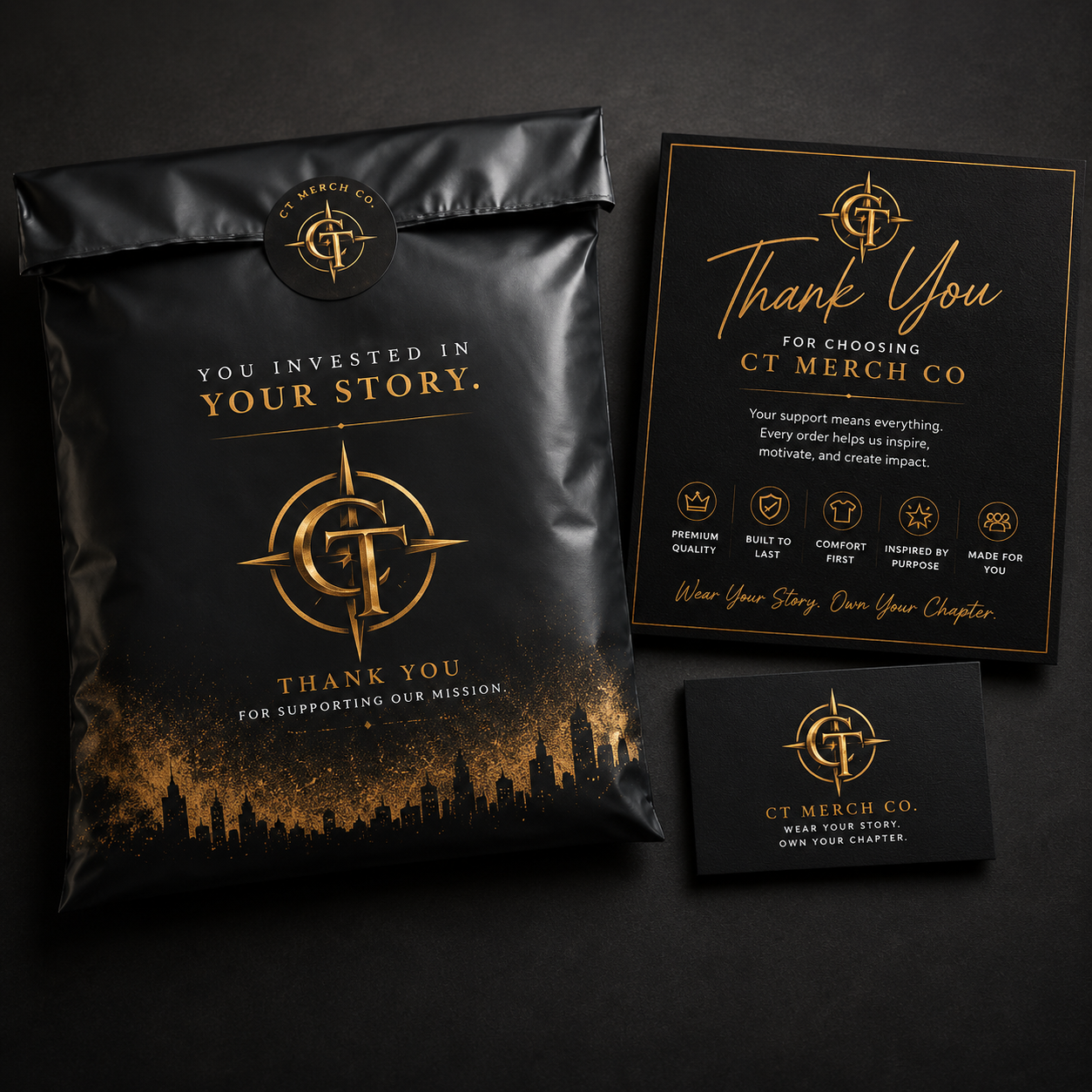 CT Merch Co premium branded packaging featuring a black shipping bag with gold logo, thank-you card, business card, and luxury unboxing presentation designed to create a memorable customer experience.