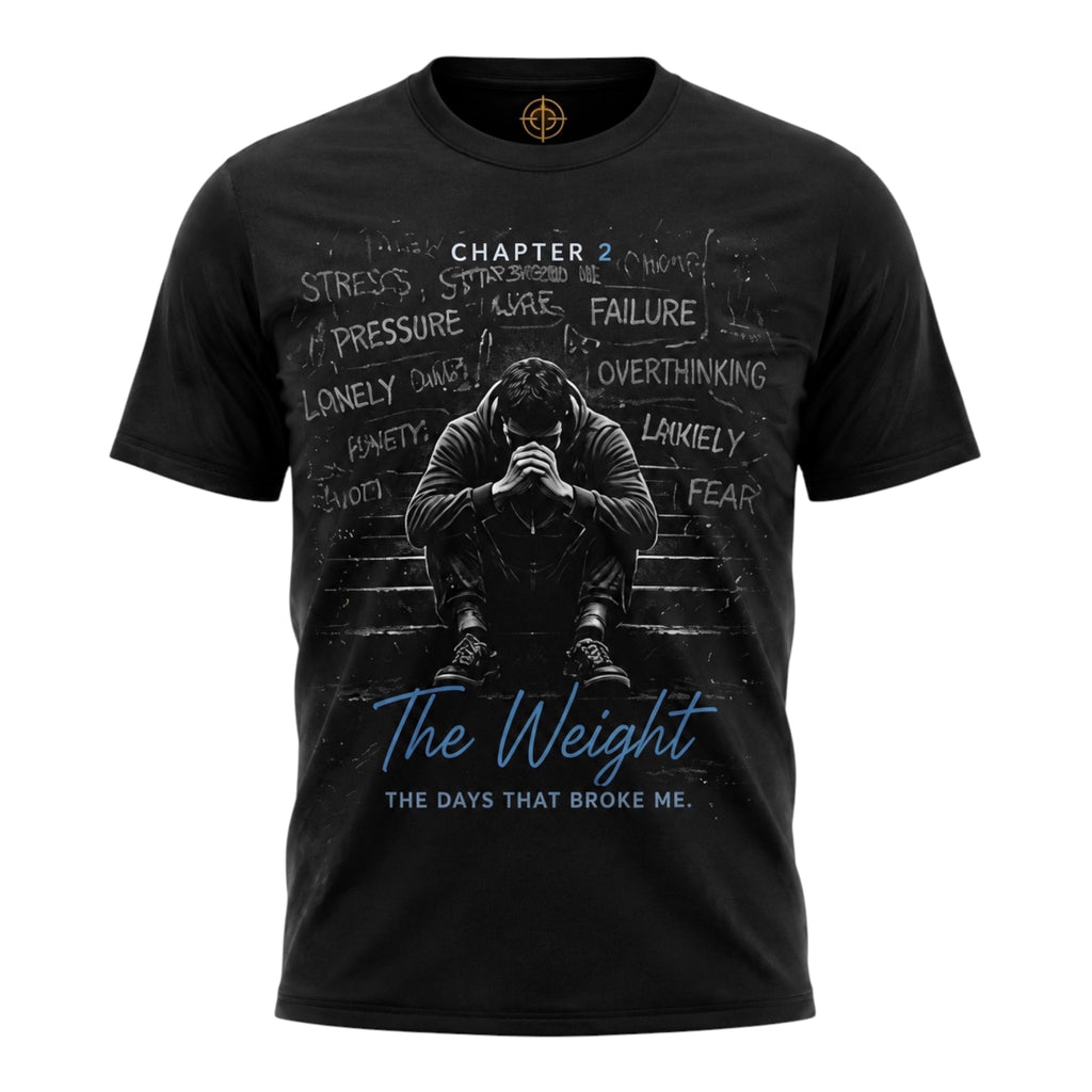 CT Merch Co The Weight Chapter 2 black unisex graphic t-shirt front featuring inspirational resilience artwork about overcoming stress, anxiety, pressure, and doubt.