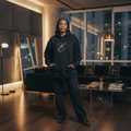 Premium custom black hoodie lifestyle shot