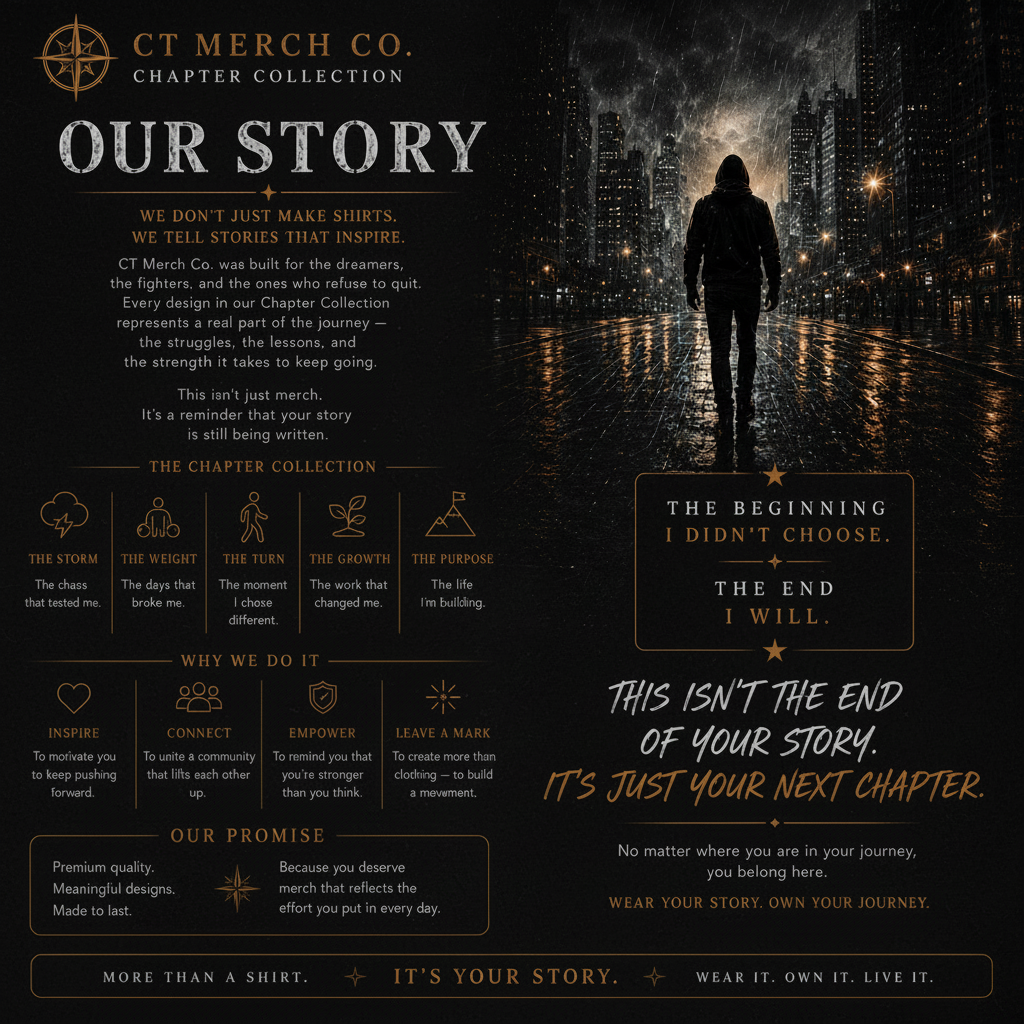 CT Merch Co Chapter Collection brand story graphic explaining the inspiration behind The Storm collection and the mission to create premium apparel that represents personal growth, resilience, and purpose.