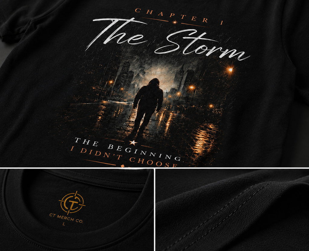 Close-up of the CT Merch Co Chapter 1 The Storm premium graphic T-shirt showing the print detail, soft fabric, collar branding, and quality stitching.